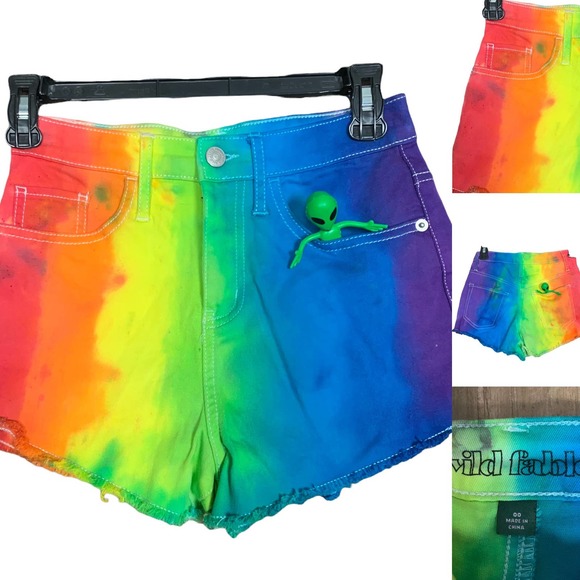 Upcycled Rainbow Tye Dye High Waisted Cutoff Denim Shorts Wild Fable Size 00
